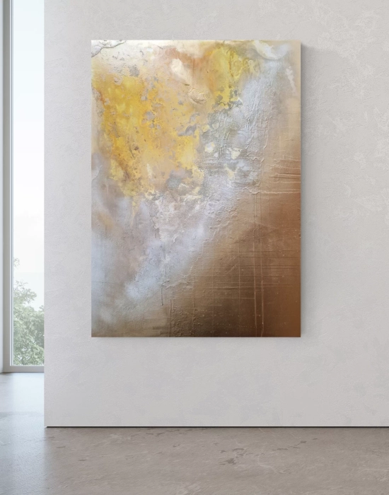 Gold nowoczesna abstrakcja, duży obraz 100x140 złoty i żółty