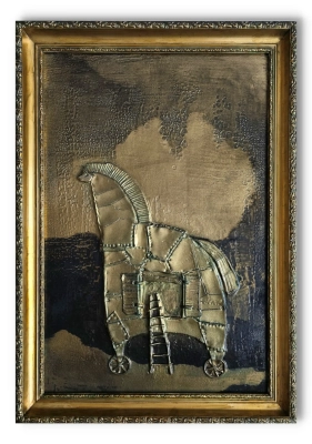 mloda-sztuka-Obraz-w-zlotej-ramie-trojan-plaskorzezba-kon-mloda-sztuka
