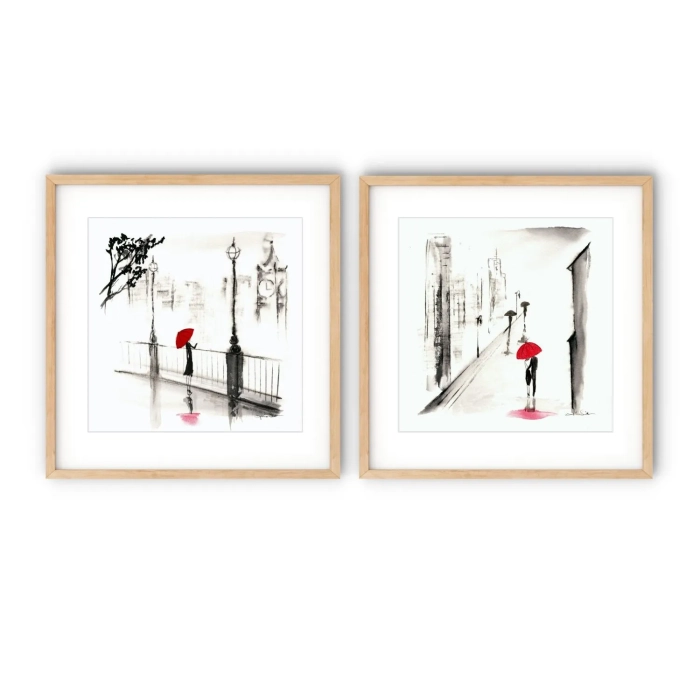 Deszczowa ulica, dyptyk, abstrakcja z miastem w tle 20x20 cm