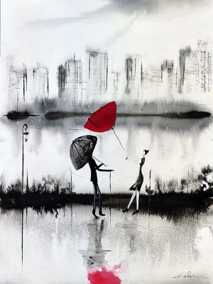 Czarno-biala-bstrakcja-z-czerwonym-akcentem-Kobieta-Parasol-30x40