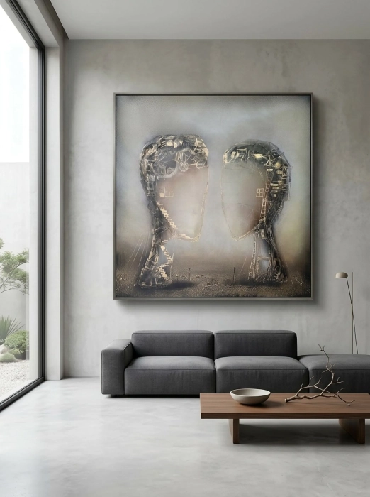 Obraz Olejny Cykl Sploty 130x130 cm ciepłe brązy, beże, szarości