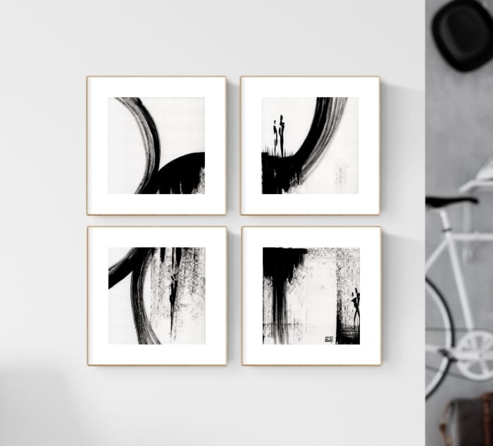 efektowny zestaw 4 grafik  20x20 ręcznie malowane, elegancki minimalizm do nowoczesnego salonu, grafiki do gabinetu, biura, wyrazisty akcent na ścianę