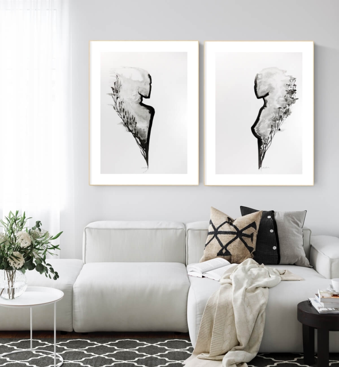 Plakat kobieta, sylwetka kobiety, plakaty roślinne, botaniczne, grafika czarno-biała