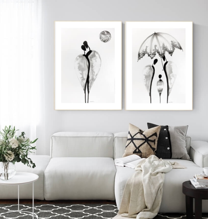 zestaw 2 obrazów czarno białych 50 x 70 cm,  minimalizm