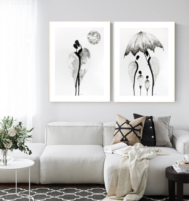 zestaw 2 obrazów czarno białych 50 x 70 cm,  minimalizm