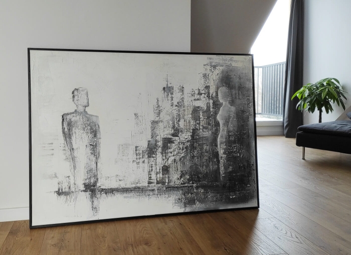 Duża abstrakcja z wyraźną strukturą, obraz miasto w stylu industrial 100 x 140 cm