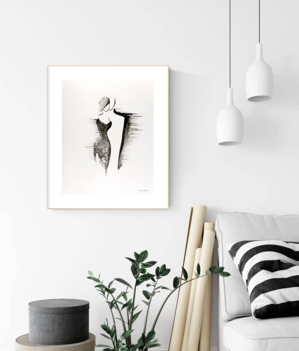 nowoczesna abstrakcja z kobietą, energetyczna czarno-biała grafika 40x50
