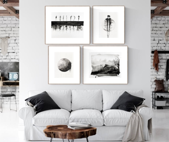zestaw 4 grafik, galeria ścienna do salonu, minimalizm i elegancja