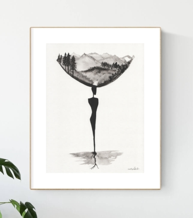 Elegancka grafika 30x40 jeleń, myślami w górach