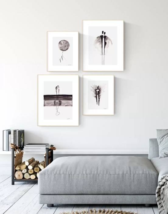zestaw 4 grafik, galeria ścienna do salonu, minimalizm i elegancja